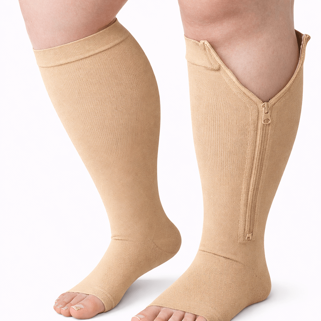 BEIGE Zipper Sides OPEN TOE Compression Socks