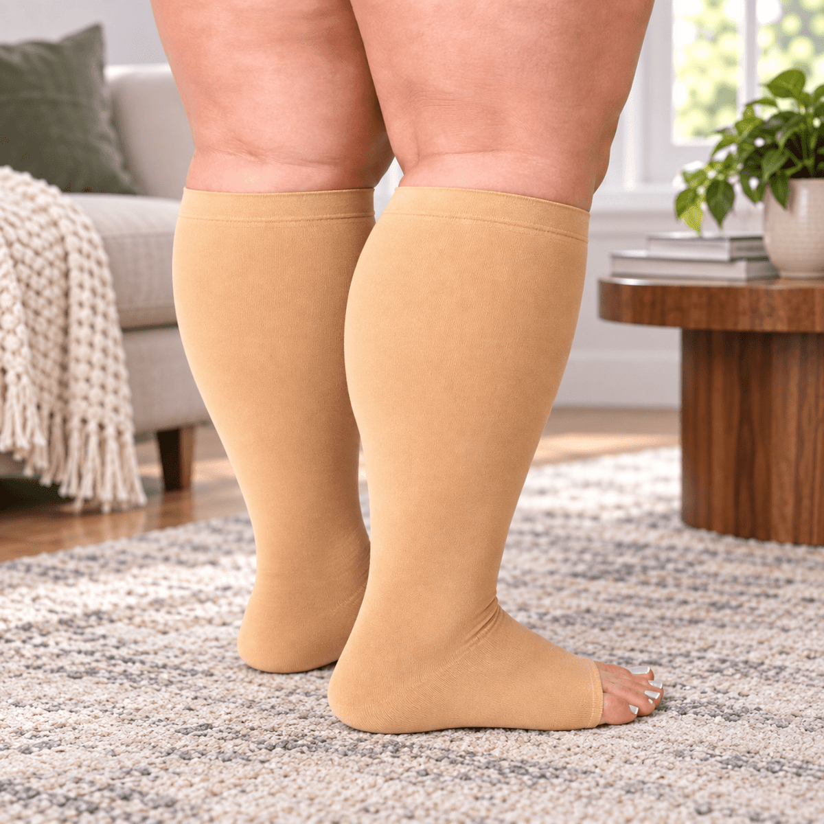 Beige Open-Toe Compression Socks