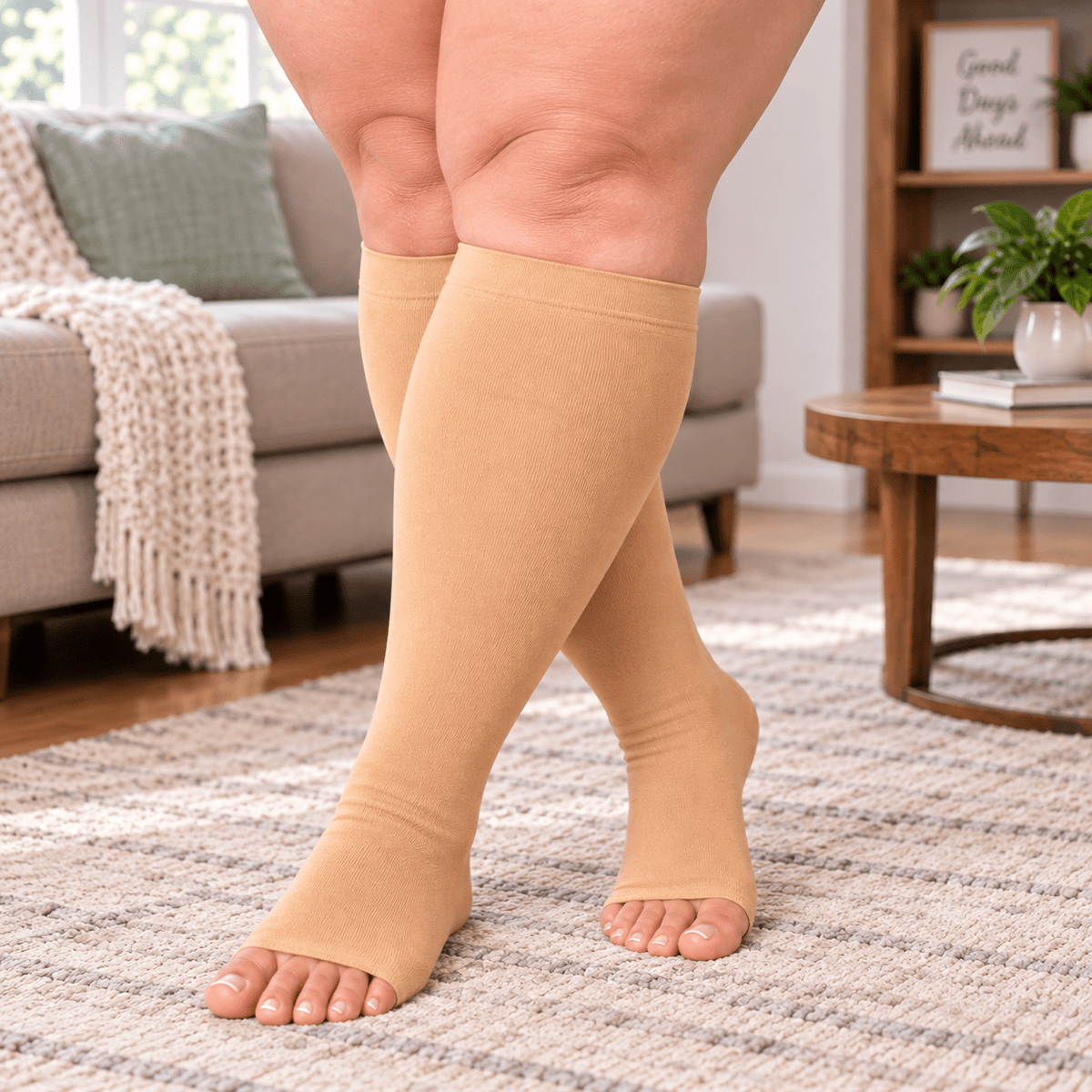 Beige Open-Toe Compression Socks