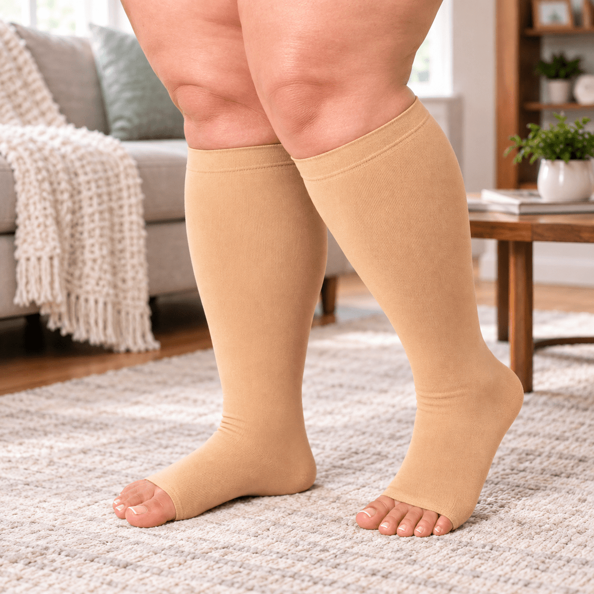 Beige Open-Toe Compression Socks