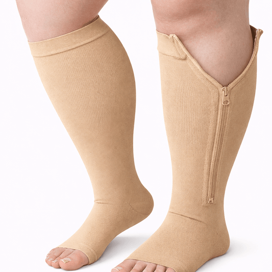 Beige Side-Zip Open-Toe Compression Socks